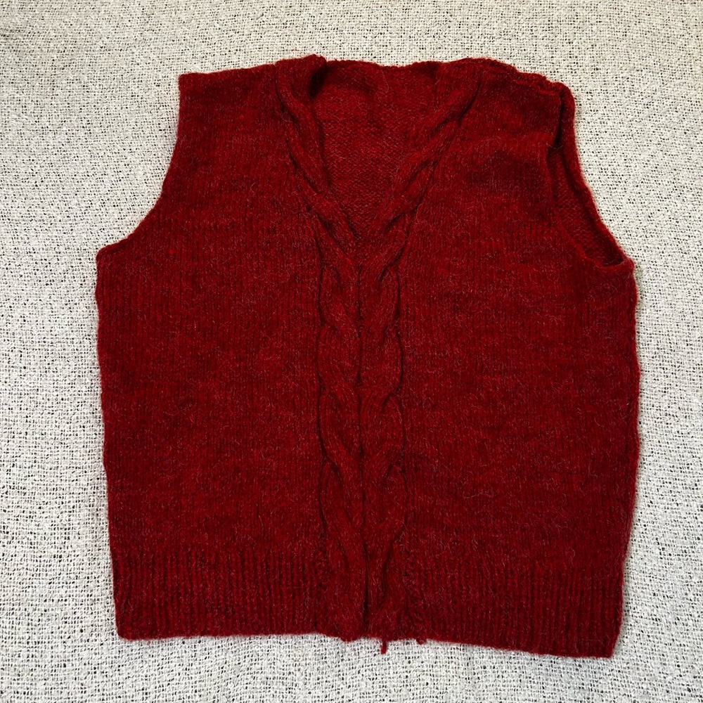 Vintage 70s Handmade Red Cable Knit Sweater Vest